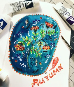 autumn folk art gouache green rain art