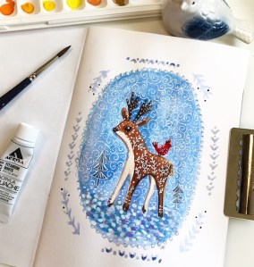 gingerbread deer gouache drawing greenrainart