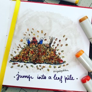 jumping into a leaf pile green rain art illustration copic markers