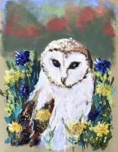 Owl in the meadow green rain art pastel