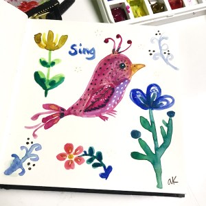 watercolor bird illustration green rain art