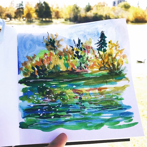 autum by the pond watercolor sketch greenrainart