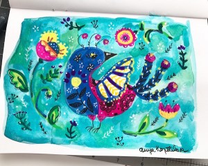 bird in the garden folk art gouache green rain art