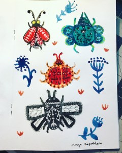 folk art bugs green rain art