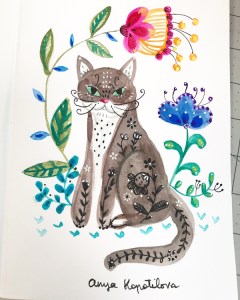 folk style cat greenrainart