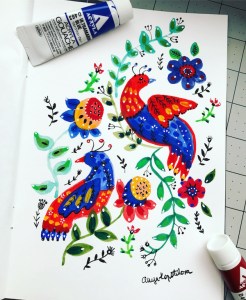 green rain art folk birds gouache