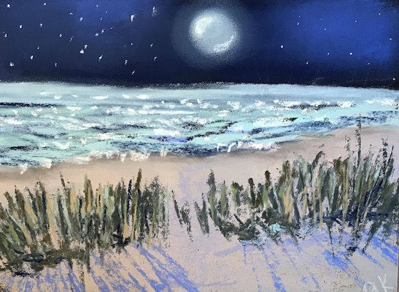 moonlit beach greenrainart pastel