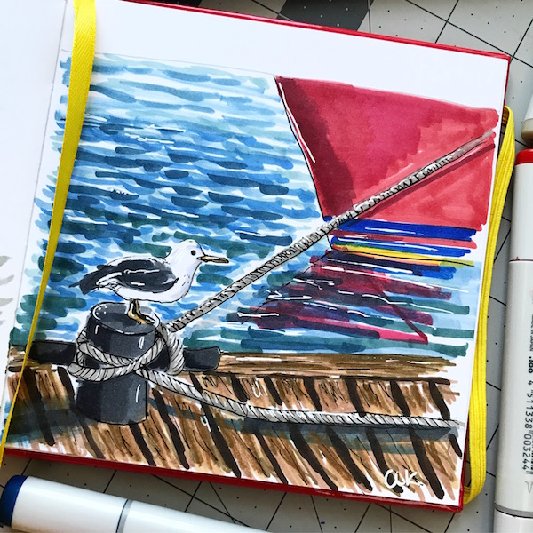 Rope ties the boat copic illustration green rain art